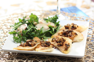 Crisp Pumpkin Ravioli with Pear & Pomegranate Salad